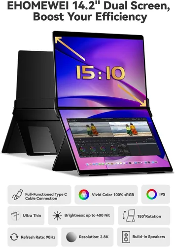 Vista 2 de EHOMEWEI X1 Air plegable de doble pantalla portátil Monitor 14.2 "× 2 2.8K IPS pantalla portátil extensor 90Hz USB-C HDMI para MacBook Windows
