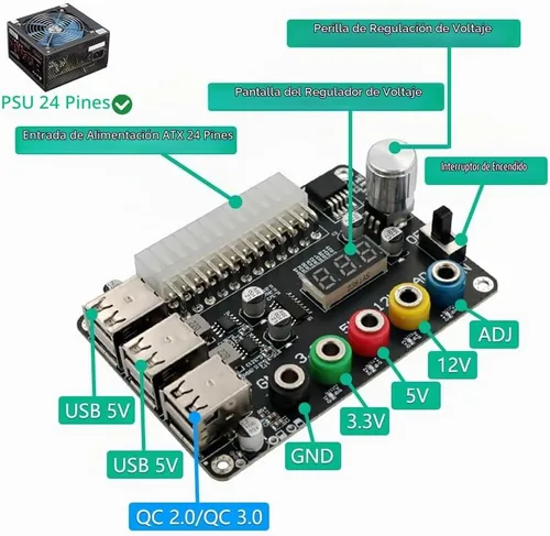 Vista 2 de HLT Placa de conexión de fuente de alimentación ATX con perilla de voltaje ajustable y 6 puertos USB 2.0, y QC 2.0/QC 3.0, salida máxima de 3 A