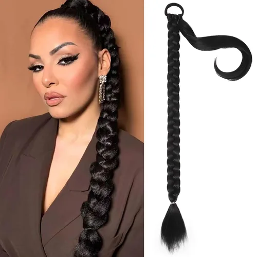 Vista 23 de Extensiones de cola de caballo trenzada de 20 pulgadas de largo para mujer, extensiones de cabello lacio envolvente con banda para el cabello, cola