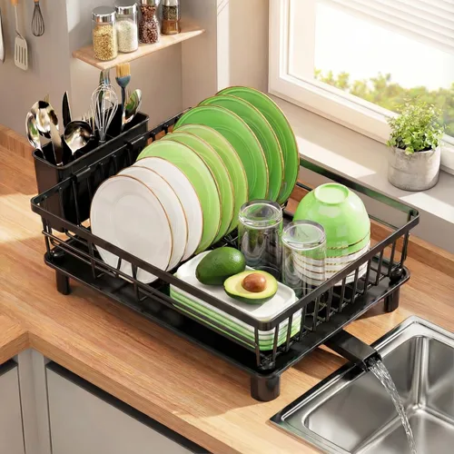 Vista 10 de Escurridor de platos para encimera de cocina, escurridor de acero inoxidable con soporte desmontable para cubiertos, sistema de drenaje automático