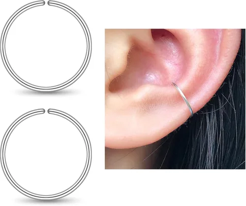 Vista 16 de Pequeños aretes de aro huggie de oro o plata de ley para mujeres y niñas, cartílago, nariz, hélix, tragus