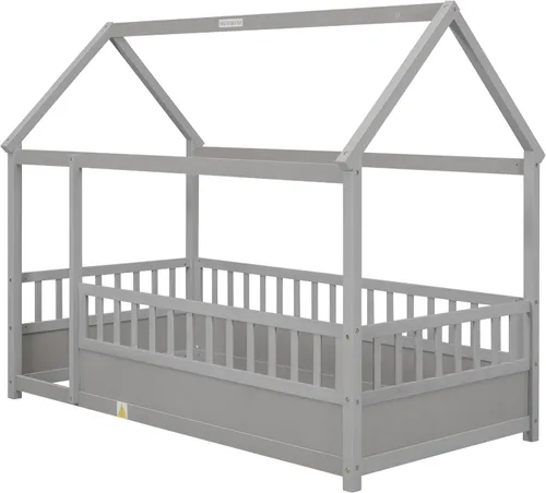 Vista 8 de Harper & Bright Designs Marco de cama de piso de casa de tamaño individual con valla, cama Montessori de madera con marco de techo de casa Gris