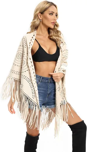 Vista 3 de Datangep Fashion - Bufanda de gamuza sintética para mujer, corte láser, triángulo, estolas, capa con chales de borla