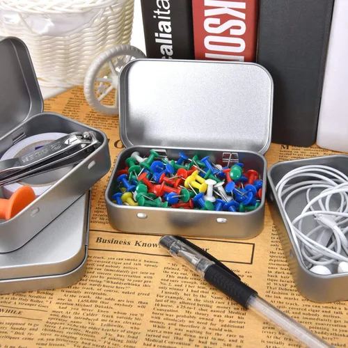 Vista 6 de Aybloom Latas rectangulares de metal vacías con bisagras – Paquete de 40 mini recipientes portátiles plateados kit de almacenamiento pequeño