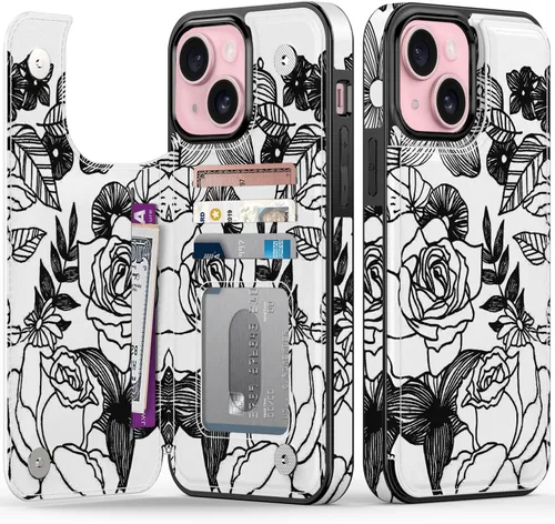 Vista 29 de FUNMIKO Funda tipo cartera para iPhone 15 con tarjetero + clip para efectivo, bloqueo RFID, protección contra caídas de grado militar y obras