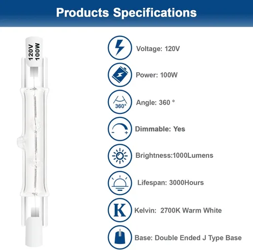 Vista 3 de R7S - Bombillas halógenas de 100 W, regulables, 120 V, 3.071 in, tipo T3 J, con larga vida útil, bombillas lineales de doble extremo blanco cálido