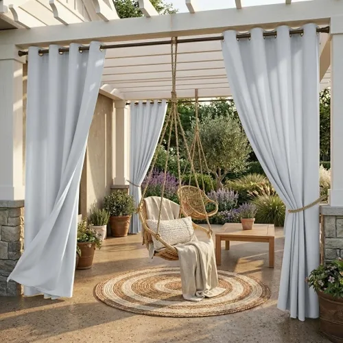 Vista 28 de StangH Cortinas para exteriores beige impermeables, tela gruesa, bloqueo de luz, cortinas opacas para patio con ojales en la parte superior