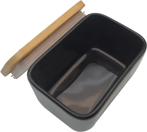 Vista 8 de Mantequillera con tapa, recipiente de porcelana con tapa de madera para mantequilla, apto para microondas, contenedor de almacenamiento