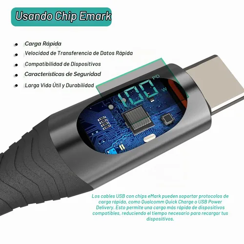 Vista 5 de Cable USB-C de 100 W [2 unidades, 4 pies/6.6 pies], carga súper rápida tipo C con pantalla LED, cable de carga USB C de 480 Mbps de nailon trenzado