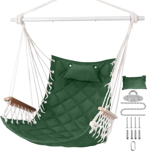 Vista 10 de Silla Hamaca Columpio Colgante con Reposabrazos de Madera; Barra Separadora de Acero, Almohadas, Kit de Herrajes Incluido; Tejido de Algodón; Hasta