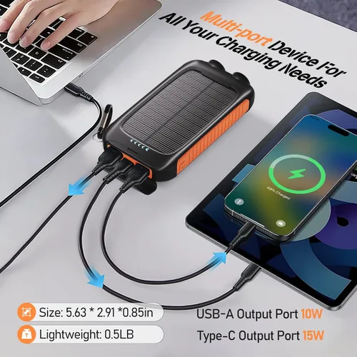 Vista 3 de Banco de energía solar 20000mAh con USB-C, cargador portátil para acampar Naranja