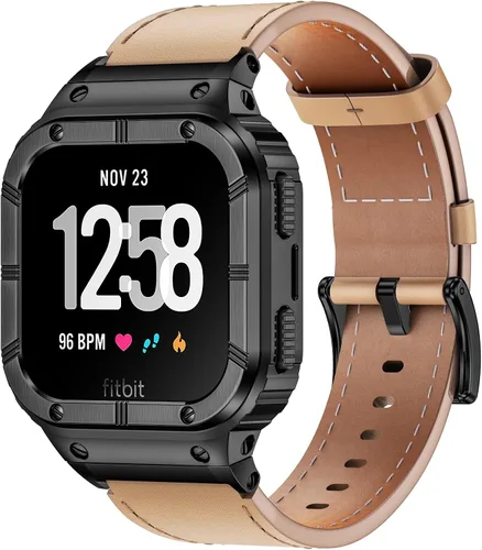Vista 10 de BAITEYOU Correas de cuero con funda de acero inoxidable compatible con Fitbit Versa 1 2 3 4 Lite Sense 2 1 funda protectora para hombres