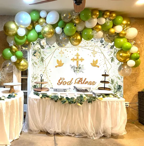 Vista 8 de Fondo verde y dorado para bautizo, decoración de fiesta de primera comunión, fondo de fotografía de bautizo, 7 x 5 pies (82 x 59 pulgadas)