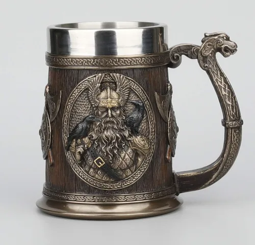 Vista 2 de Veronese Design 5 7/8 pulgadas vikingo nórdicos dioses Thor Odin largo barco cerveza Stein frío fundido resina bronce acabado estatua decoración
