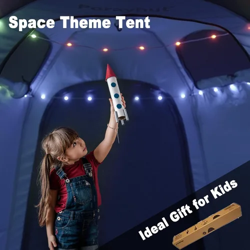 Vista 6 de Tienda de campaña hexagonal portátil para niños con tira de luces LED para interiores, casa de juegos para niños, tienda de campaña de ensueño
