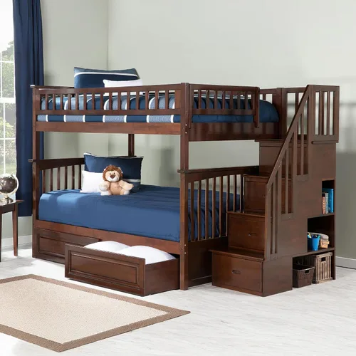 Vista 7 de Cama Atlantic Furniture tipo litera con escalera Columbia y cajones de cama en panel elevado, Madera, Nogal Antiguo