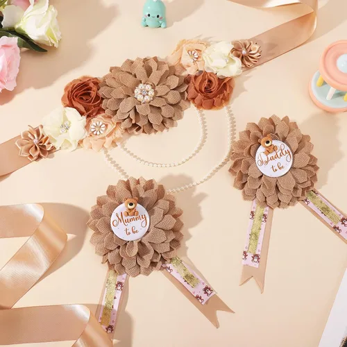 Vista 2 de Ovveroche Banda de maternidad de oso de peluche para mamá para ser papá para ser papá para ser ramillete, banda de flores para baby shower, vestido