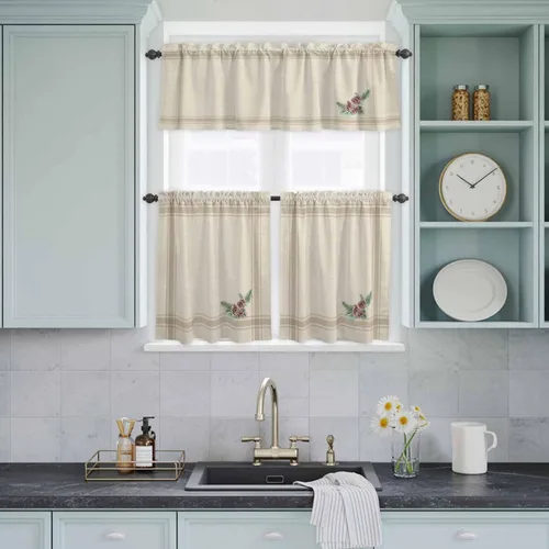 Vista 9 de Juego de 3 cortinas de cocina de piñas de Navidad, cenefa y bolsillo para barra, juego de cortinas rústicas retro a rayas francesas para cocina
