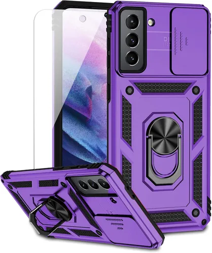 Vista 14 de Funda para Samsung Galaxy S21 FE 5G con cubierta para lente de cámara, protector de pantalla HD, soporte de anillo magnético con función de soporte