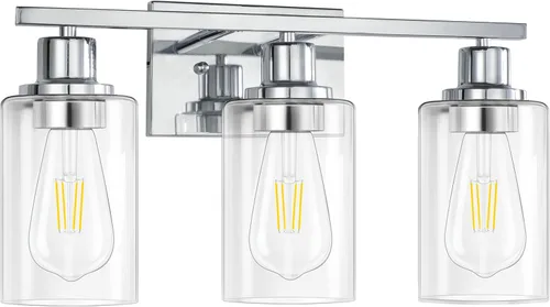 Vista 6 de Accesorios de iluminación de tocador de 3 luces, apliques de pared de baño en cromo pulido, luces de pared modernas con pantallas de vidrio