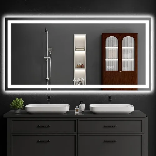 Vista 38 de Espejo de baño LED de 30 x 48 pulgadas con luces, regulable, antivaho, espejo de tocador de baño para pared, retroiluminado + luz frontal, función
