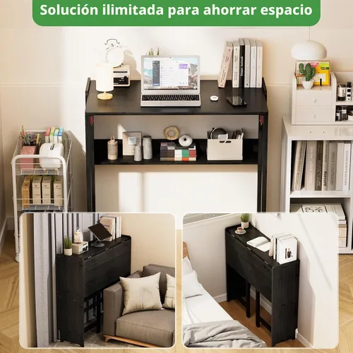 Vista 7 de Escritorio plegable para espacios pequeños, escritorio plegable de bambú con almacenamiento, color negro