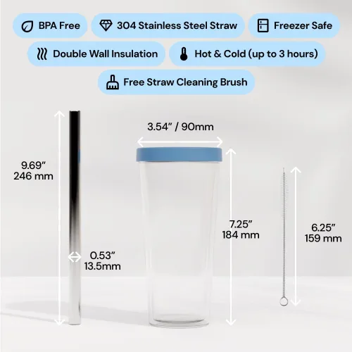 Vista 4 de Dodoko Taza de té Boba/Bubble reutilizable – 17 oz con tapa y pajita; taza de café frío/batido para llevar, color azul brisa
