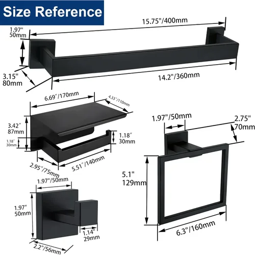 Vista 7 de Juego de 5 piezas de accesorios de ferretería para baño en negro mate, juego de toalleros cuadrados de 16 pulgadas para baño, juego de barras