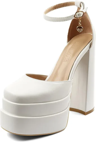 Vista 6 de MERUMOTE Zapatos de tacón alto sexy para mujer, con plataforma y punta cuadrada, tacones de bloque grueso, zapatos de fiesta con diamantes
