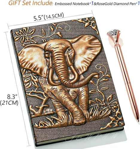 Vista 2 de Diario de Cuero Vintage con Elefante 3D con Juego de Bolígrafos, Libreta Diaria de Cuero Antiguo Hecha a Mano, Cuaderno de Bocetos, Diario de Viaje