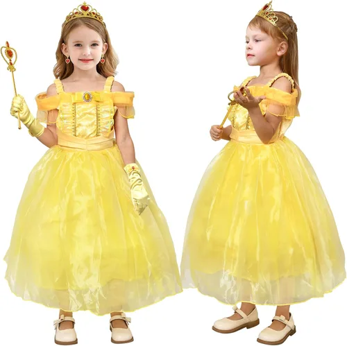 Vista 2 de Tacobear Disfraz de Bella iluminado para niñas, vestidos de Bella con accesorios de vestir, disfraz de princesa para Halloween, cumpleaños