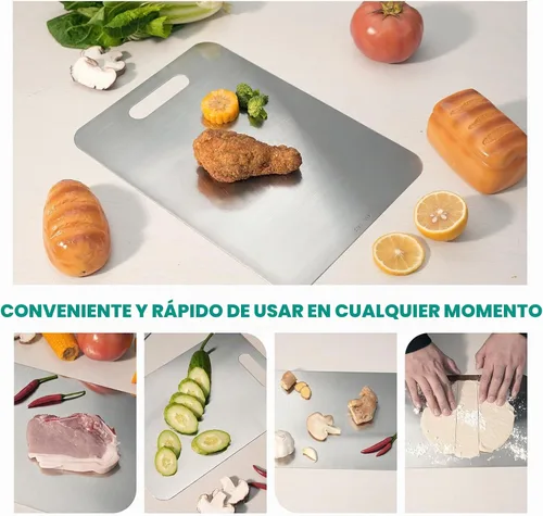 Vista 4 de Tabla de cortar de acero inoxidable, 2 tablas de cortar para cocina, tabla de cortar antiadherente inoxidable para carne, frutas y verduras