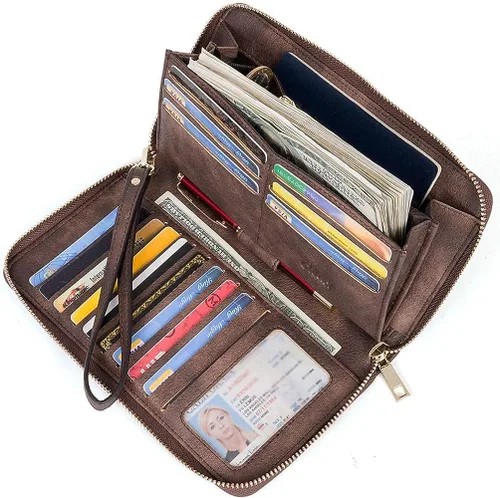 Vista 2 de CLUCI Cartera grande de cuero con cremallera alrededor del tarjetero organizador de tarjetas para mujer bolso de mano con mochila para mujer bolso