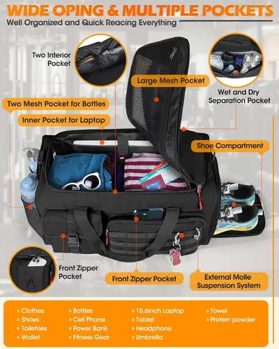 Vista 4 de RAINSMORE Bolsa de gimnasio para hombres, bolsa de viaje deportiva de 45 litros con compartimento para zapatos y laptop, mochila de entrenamiento
