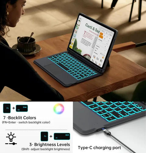 Vista 5 de Funda para teclado para Samsung Galaxy Tab A9+ A9 Plus de 11": Teclado con trackpad retroiluminado de 7 colores para Samsung Tab A9+ Plus 5G de 11