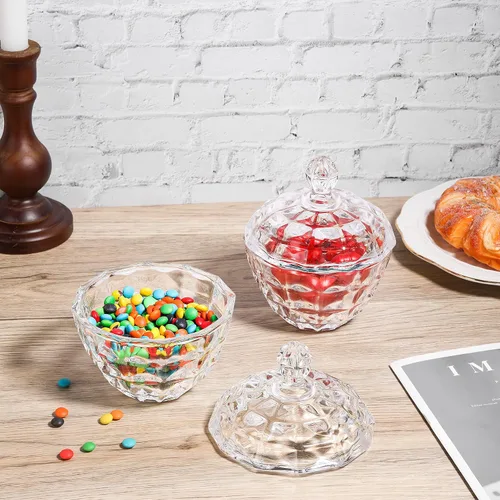 Vista 7 de ComSaf Plato de cristal para dulces con tapa, tarros pequeños de 9 onzas con tapa para escritorio de oficina, plato de dulces cubierto