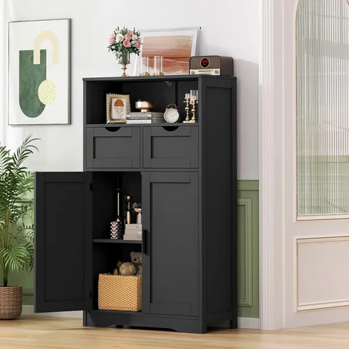 Vista 2 de Iwell Armario de almacenamiento con puertas y estantes, armario de despensa de cocina, gabinetes de baño para sala de estar, cocina, lavandería