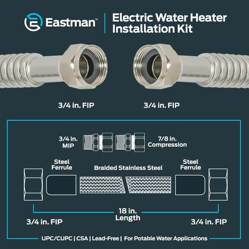 Vista 6 de Eastman Kit de instalación de calentador de agua eléctrico, conectores de calentador de agua de acero inoxidable corrugado de 3/4 x 18 pulgadas