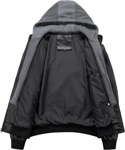 Vista 4 de INVACHI Men's Faux Leather Jacket, Motorcycle Bomber with Removable Hood Un negro