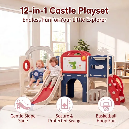 Vista 4 de Conjunto de juegos al aire libre 12 en 1 para niños pequeños con columpio, columpio interior y conjunto de tobogán, parque de juegos para niños