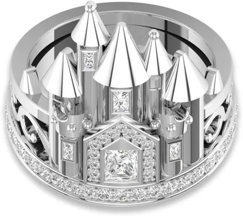 Vista 3 de Ai.Moichien Anillos de castillo de topacio blanco, anillo de boda, compromiso, grueso, elegante, chapado en plata, accesorios delicados