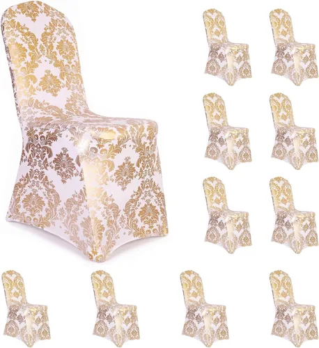 Vista 15 de Juego de 1 fundas decorativas para sillas de comedor, con estampado de flores doradas, extraíbles, lavables, de elastano, para fiestas, bodas Oro