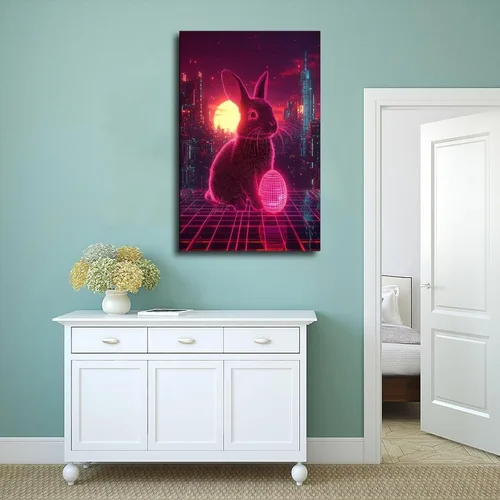 Vista 4 de Synthwave Easter Bunny Art – Neon Cyber Rabbit with Retro Easter Egg – Vaporwave 80s Sci-Fi Wall Print – Aesthetic Outrun Decor for Gamers & Retro