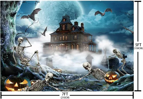 Vista 5 de SENDY Telón de fondo de Halloween de 7 x 5 pies, decoración de fiesta de Halloween azul, suministros para niños, cráneo, cementerio aterrador