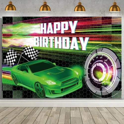 Vista 20 de MEHOFOND Telón de fondo negro de 7 x 5 pies, decoración de fiesta de carreras para niños, cartel de fiesta de cumpleaños con temática de auto