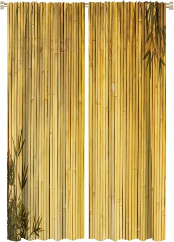 Vista 48 de Cortinas con estampado de bambú, tallos y hojas de bambú, temática oriental natural, oscurecimiento de habitación, ventana, ventana, cortina
