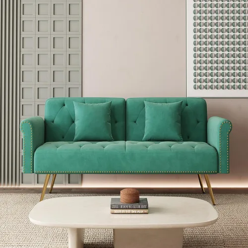 Vista 17 de Sofá Cama Futón de Terciopelo Moderno 2 en 1, Sofá Cama Plegable Convertible con 2 Almohadas, Loveseat Reclinable Acolchado de 63" con Patas de Beige