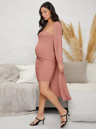 Vista 3 de MakeMeChic Conjunto de ropa de maternidad para mujer, vestido ajustado acanalado y cárdigan para embarazo