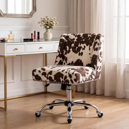 Vista 5 de Silla de escritorio con estampado de vaca, silla giratoria de escritorio con ruedas, silla tapizada para oficina en casa sin brazos para dormitorio