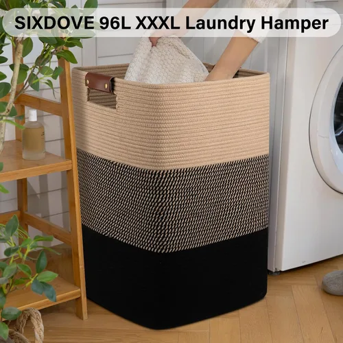 Vista 2 de Cesta de Ropa Sucia 96L Extra Grande Cesta de Lavandería, Cesta Tejida para Mantas, Cesta de Almacenamiento Tejida de Algodón con Asas para Sala